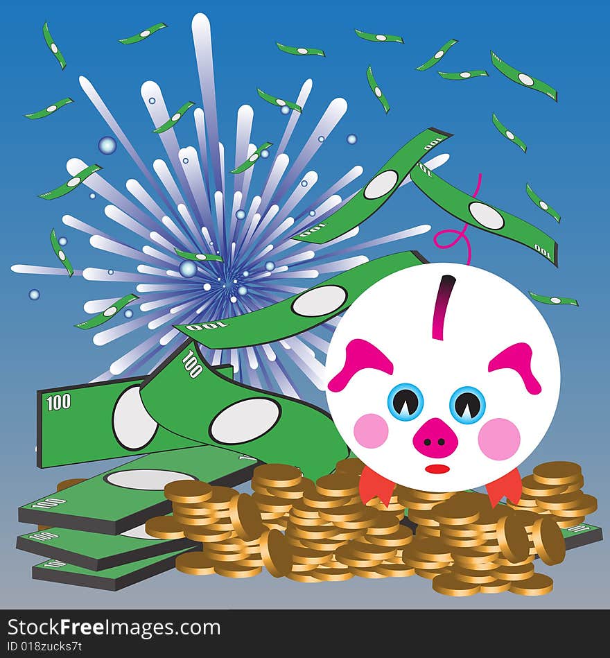 Abstract colorful illustration with white piggy bank, golden coins, green banknotes and fireworks exploding in the background. Banking concept