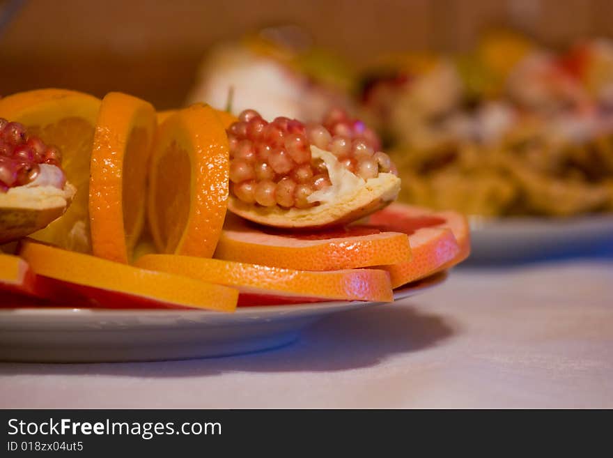 Closeup dessert with fruits on romantic dinner