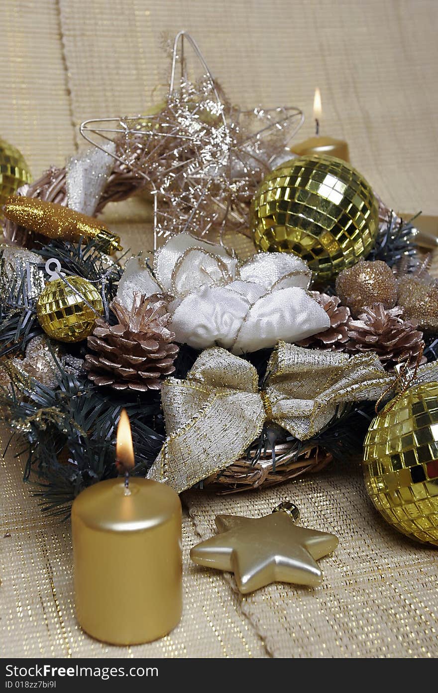 Golden christmas and new year's decoration closeup. Golden christmas and new year's decoration closeup