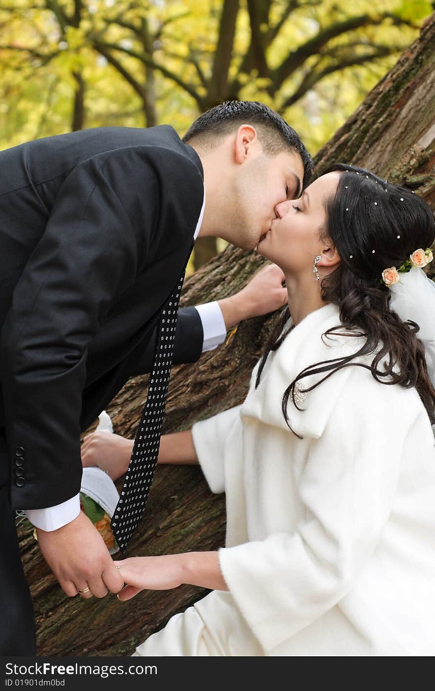 Young just married couple having fun in the park