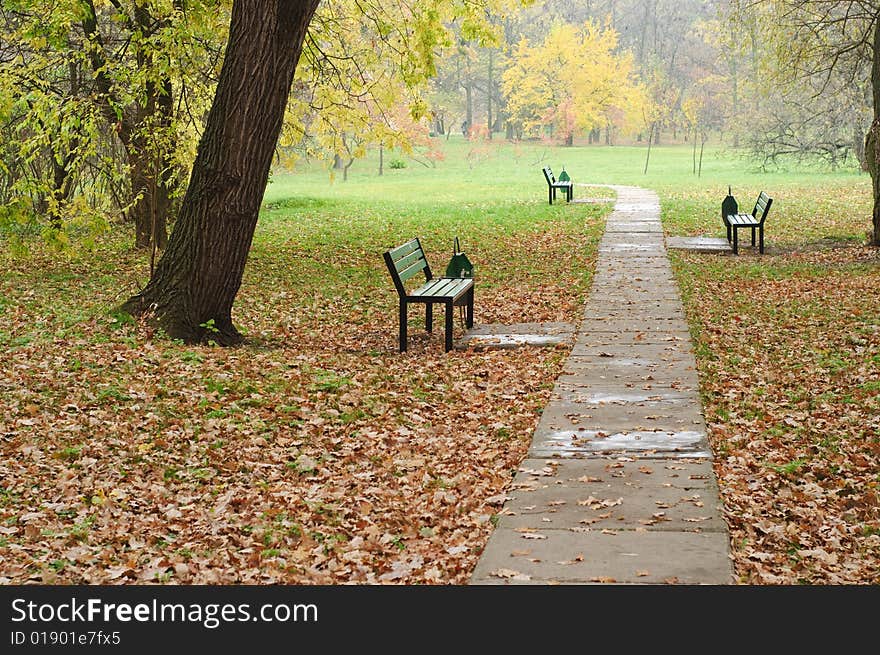 Fall in the park, empty benches near the path