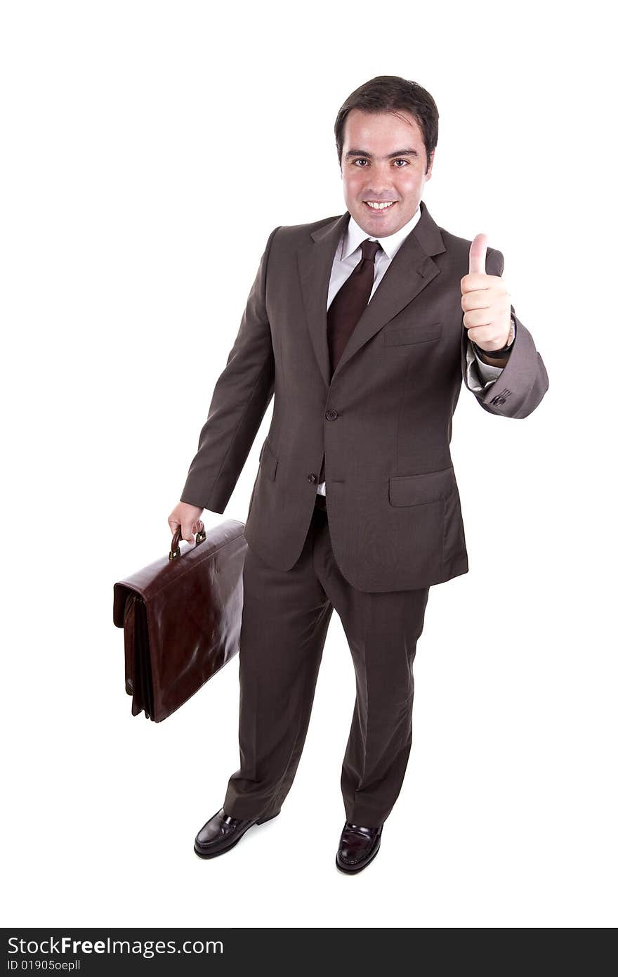 Businessman with his thumb up with brown case.