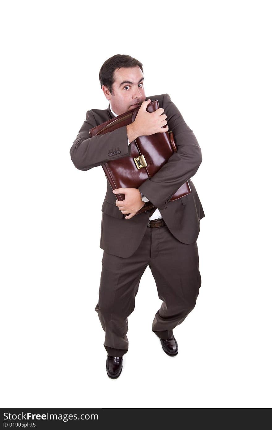 Businessman latching onto classic brown briefcase. Businessman latching onto classic brown briefcase