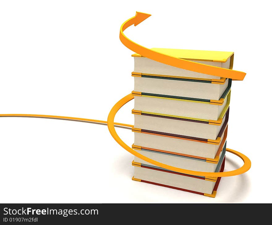 Three dimensional books wrapped with arrow with white background