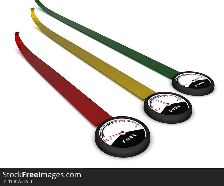 Three dimensional colored fuel meter against white background. Three dimensional colored fuel meter against white background