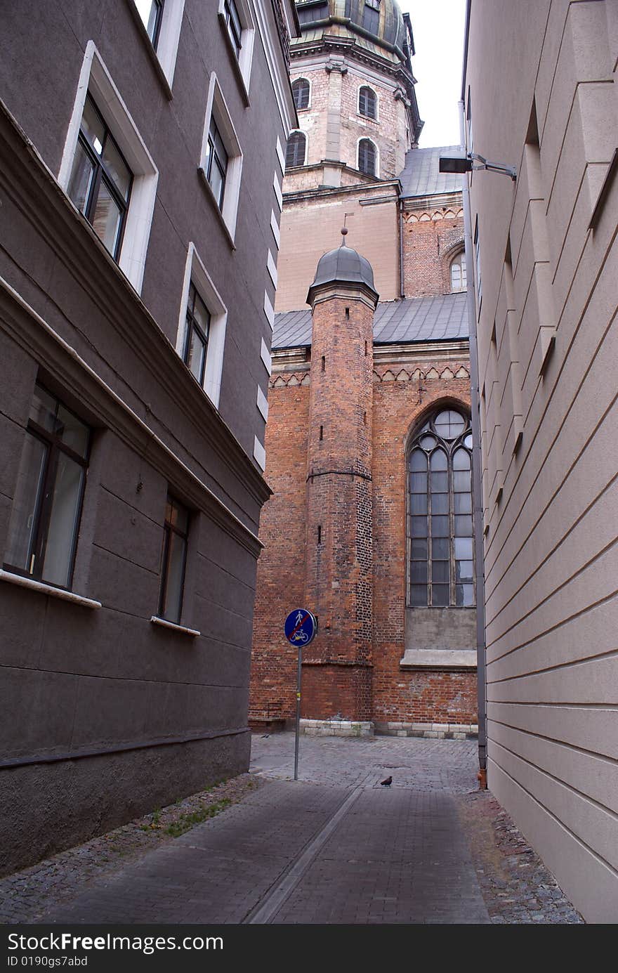 Narrow street in the ceter of Riga, Latvia