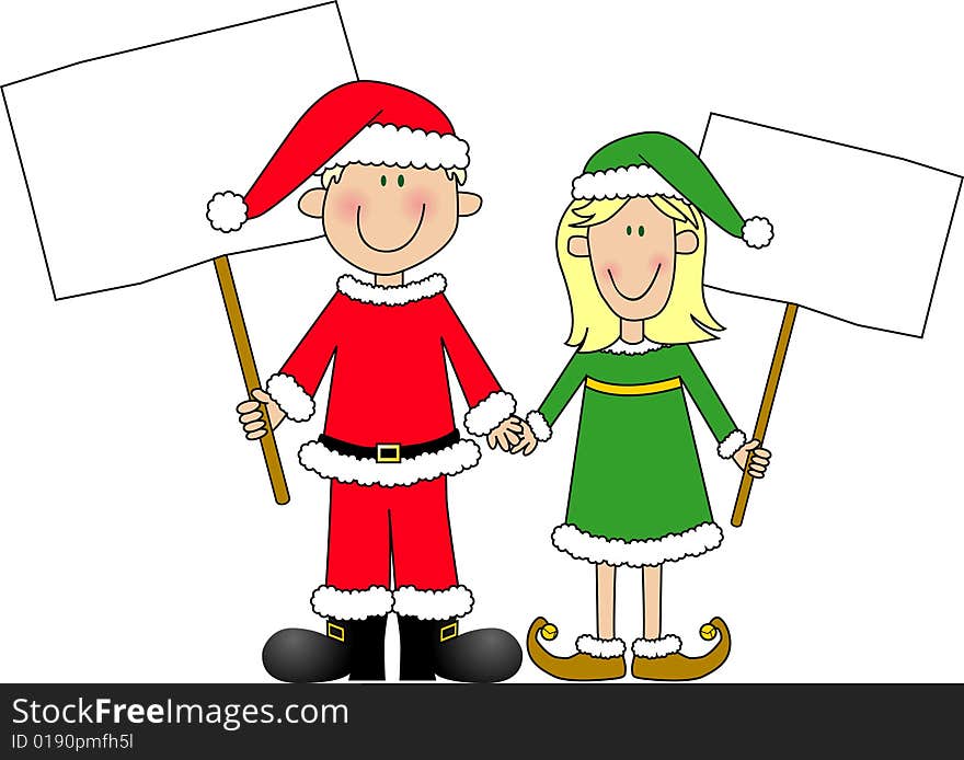 Cartoon of young boy and girl dressed in Santa Claus & Elf suits holding signs. Cartoon of young boy and girl dressed in Santa Claus & Elf suits holding signs.