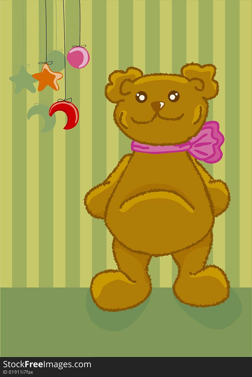 Cute  Teddy Bear with a bow standing near the green wall