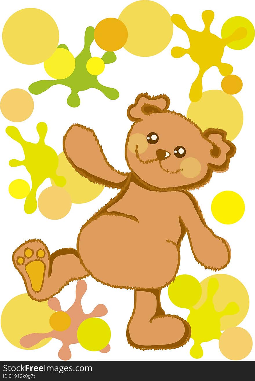 Happy Teddy bear on white background with bright blobs