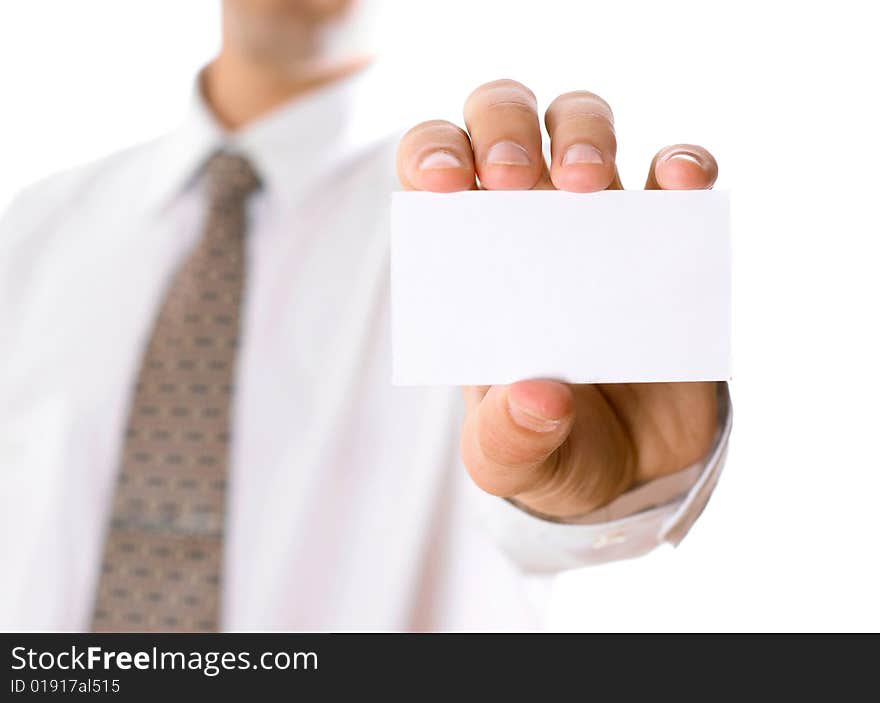 Business man holding visiting card on white