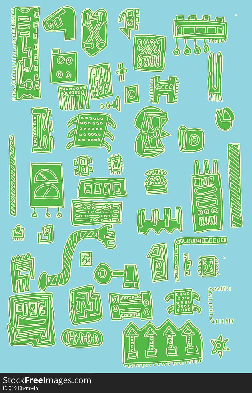 A fully scalable vector illustration of a set of abstract green computer parts. Jpeg & Illustrator AI file formats available.