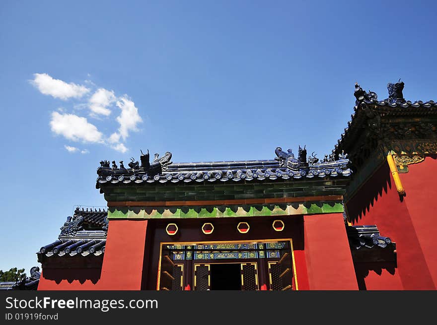 Chinese ancient building with red wall and glaze