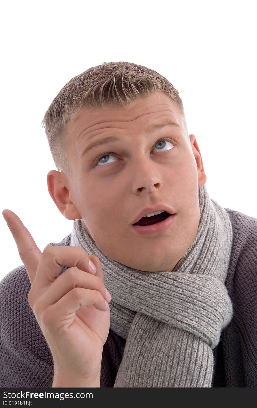 Thinking man looking upward against white background