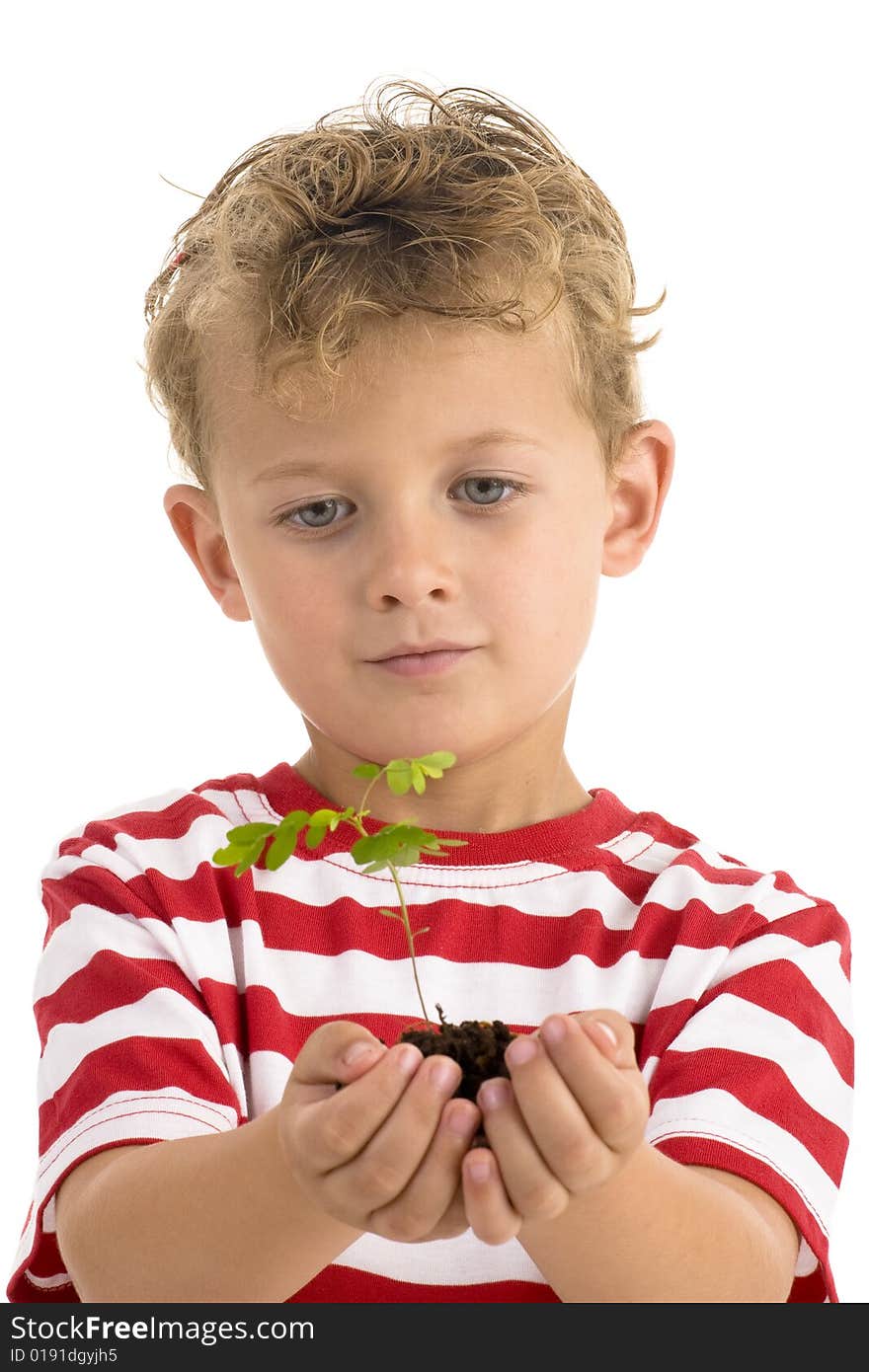 Young boy holding plant