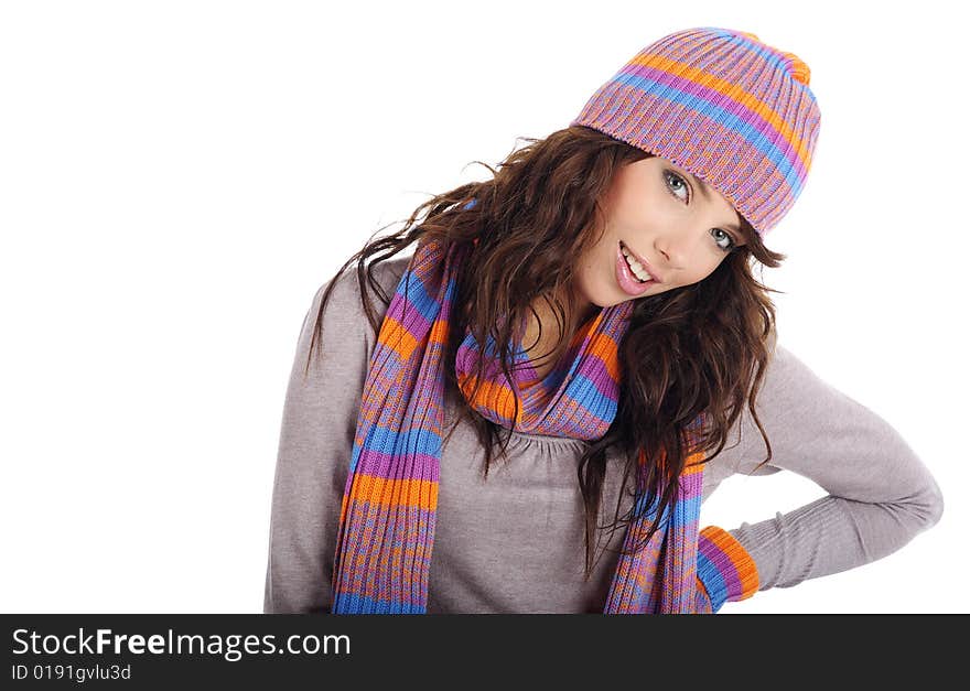 Portrait of winter girl wearing hat and gloves isolated on white background. winter fashion