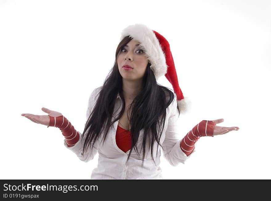 Young pretty woman posing with hand gesture with white background