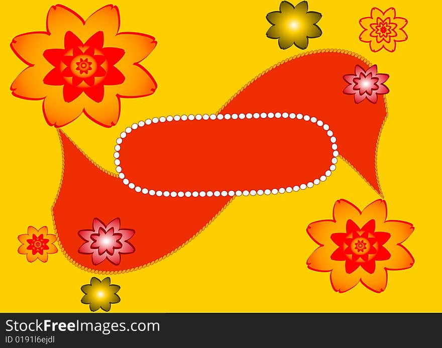 Colorful flowers and Red ribbon over orange paper with the note space. Colorful flowers and Red ribbon over orange paper with the note space.