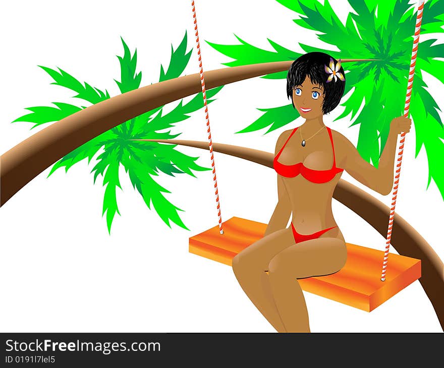 The young girl in a bathing suit on a beach on a background of palm trees and the seas in a vector