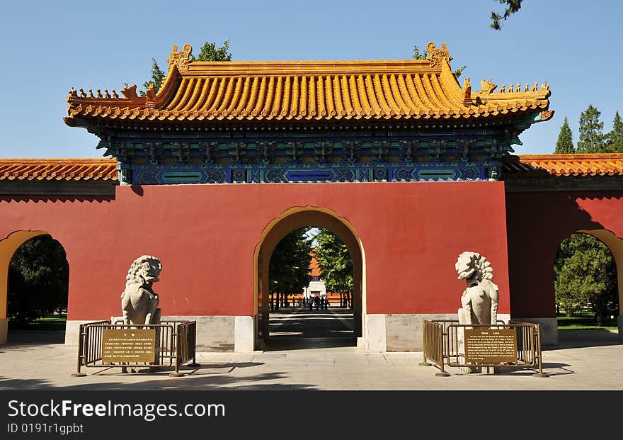 Chinese ancient building with stone lion