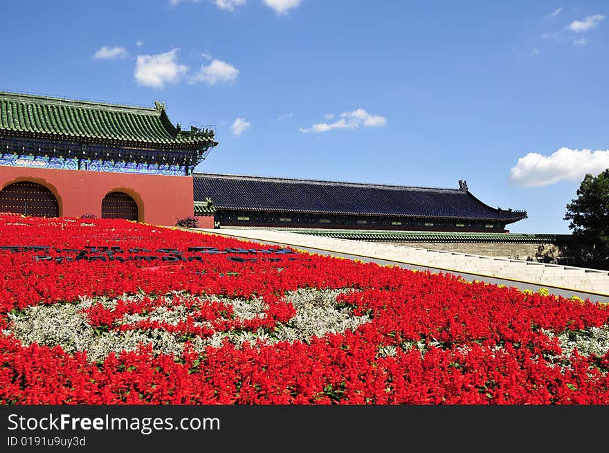 Chinese ancient building with flowers