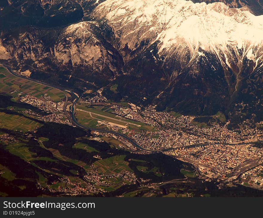 Picture of the Austrian town Innsbruck taken during flight from 35000 feet. Picture of the Austrian town Innsbruck taken during flight from 35000 feet