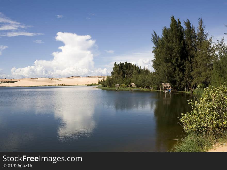 Beautiful lake and white sand dunes at sunny day