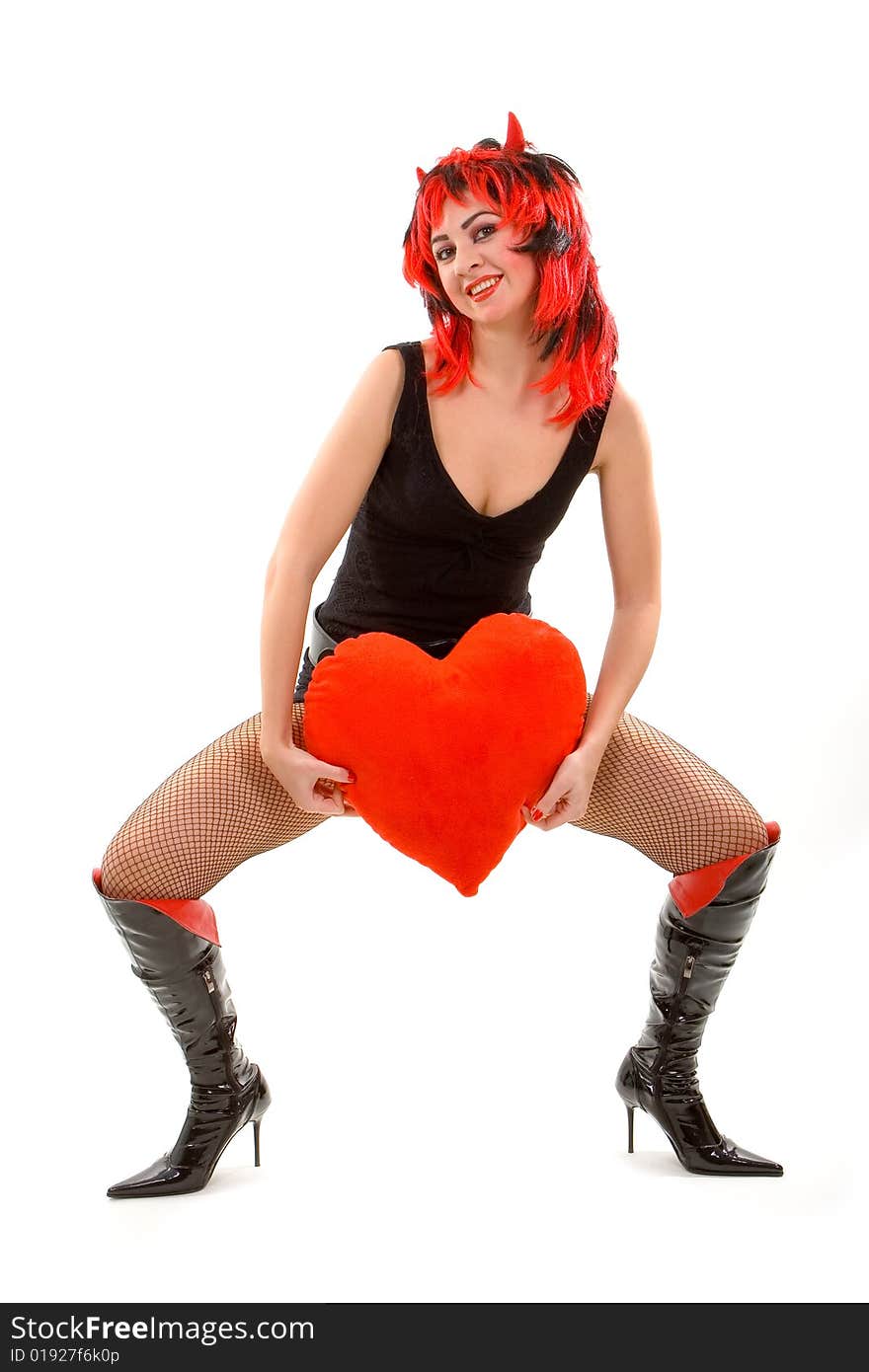 devil woman and red heart isolated on the white background. devil woman and red heart isolated on the white background