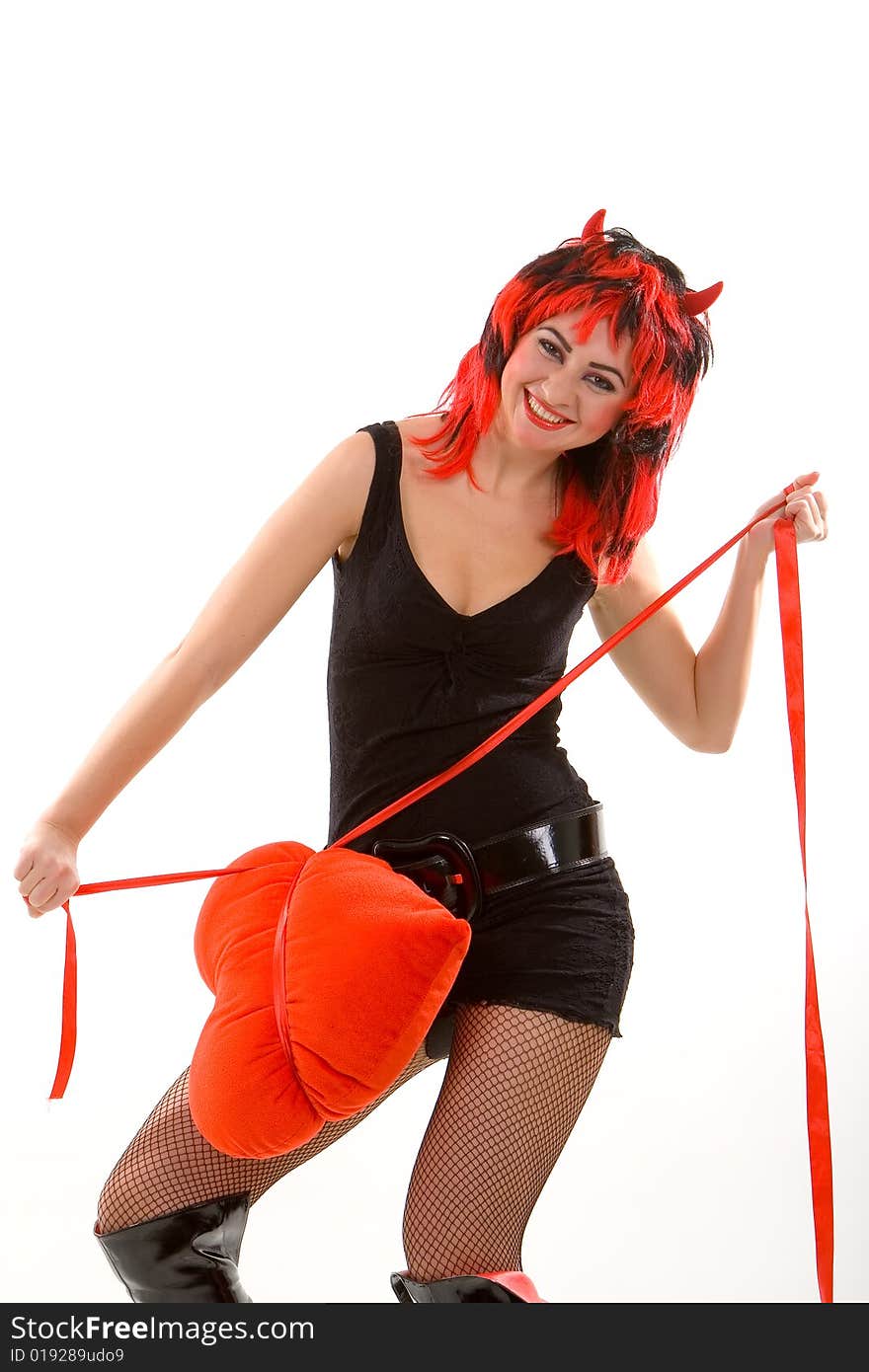 devil woman and red heart isolated on the white background. devil woman and red heart isolated on the white background