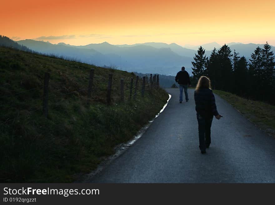 Hiking by the sunset Alps in Switzerland. Hiking by the sunset Alps in Switzerland