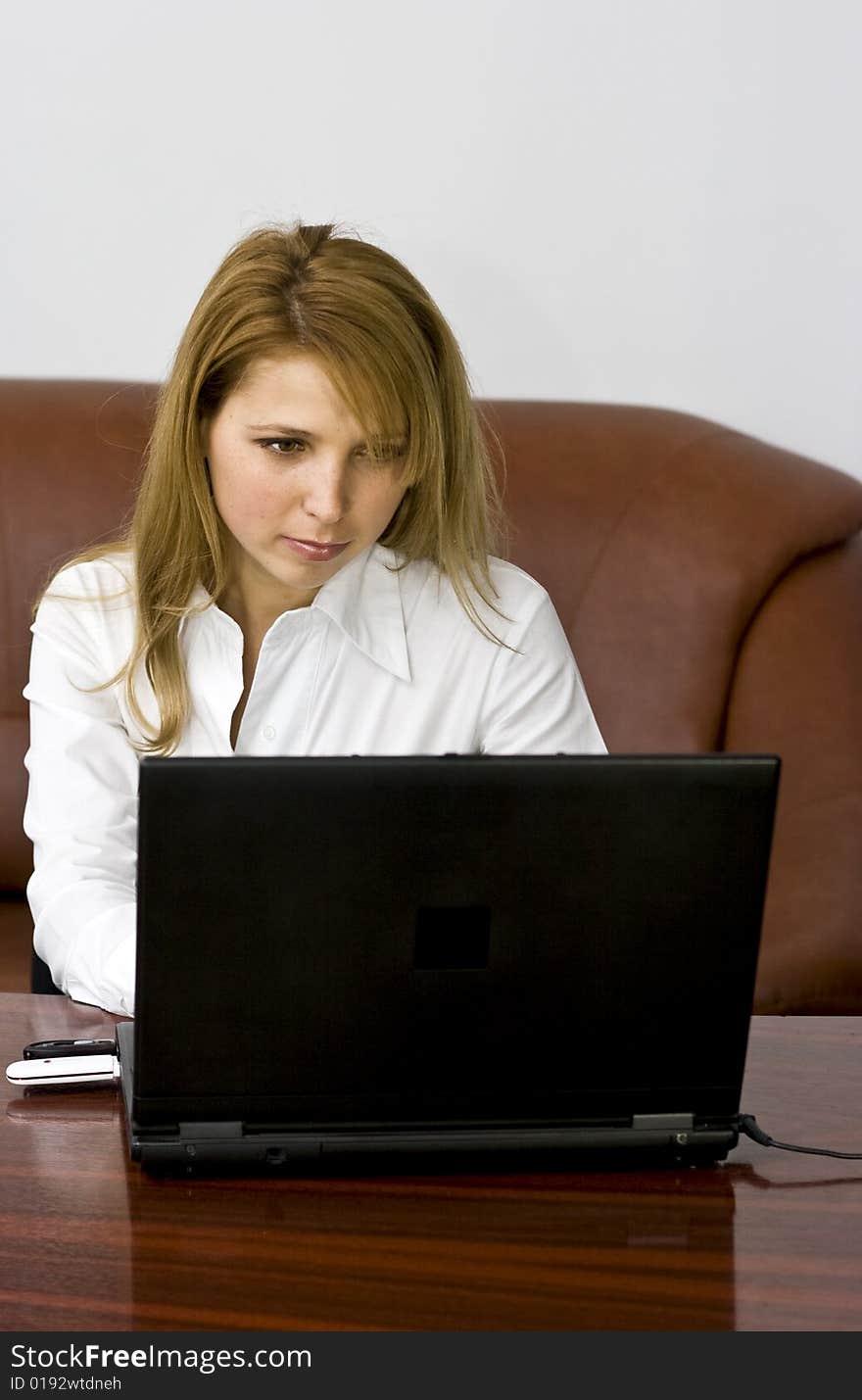 Very beautiful blond business woman working on laptop