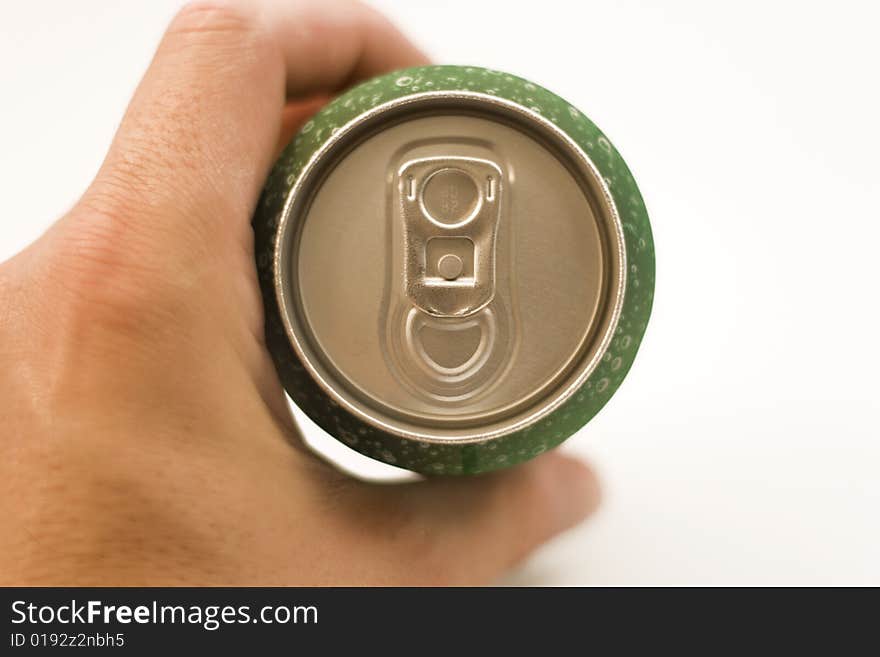 Man's hand opening aluminum beer can, isolated on white background. Man's hand opening aluminum beer can, isolated on white background