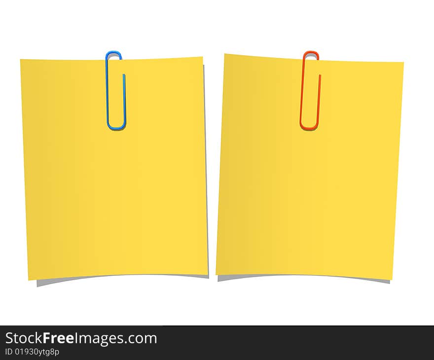 Yellow paper pinned isolated in white background