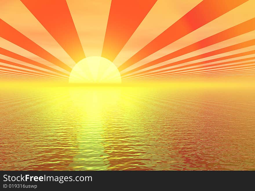 Golden Sunset 3d illustration  in sky background