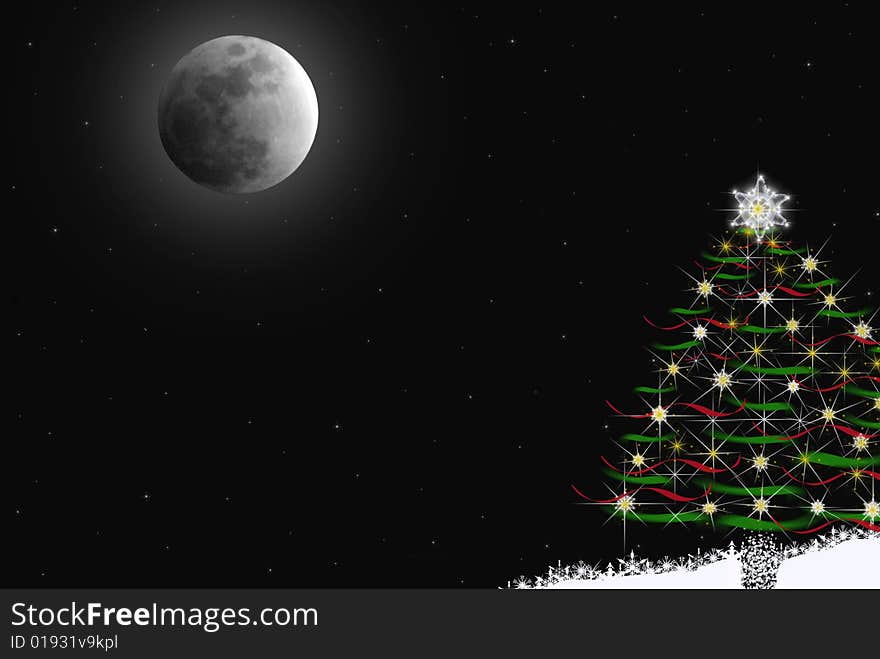 Full moon glowing over a Christmas tree. Full moon glowing over a Christmas tree.