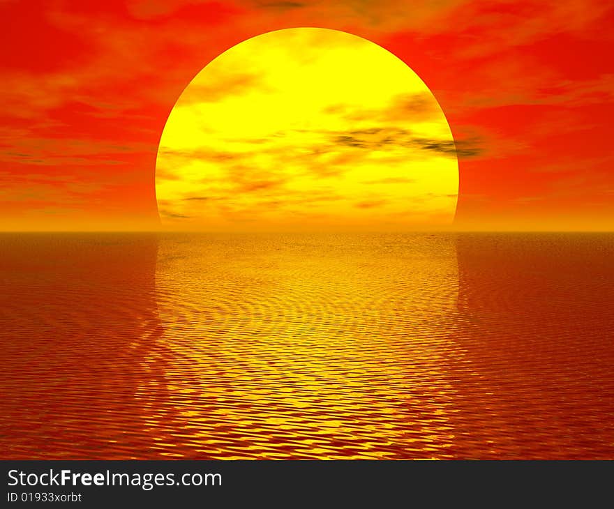 Golden Sunset 3d illustration  in sky background