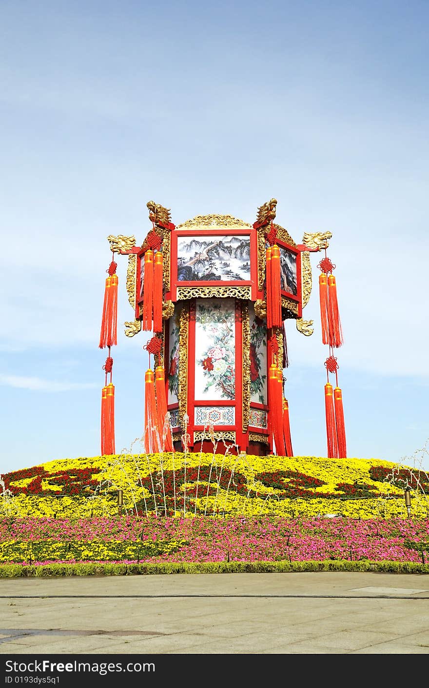 Chinese ancient lantern and flowers in holiday, lantern with dragon decorations