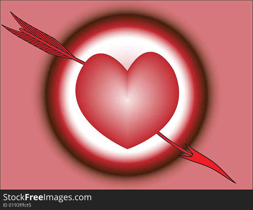 Heart hit by arrow on light red background. Heart hit by arrow on light red background