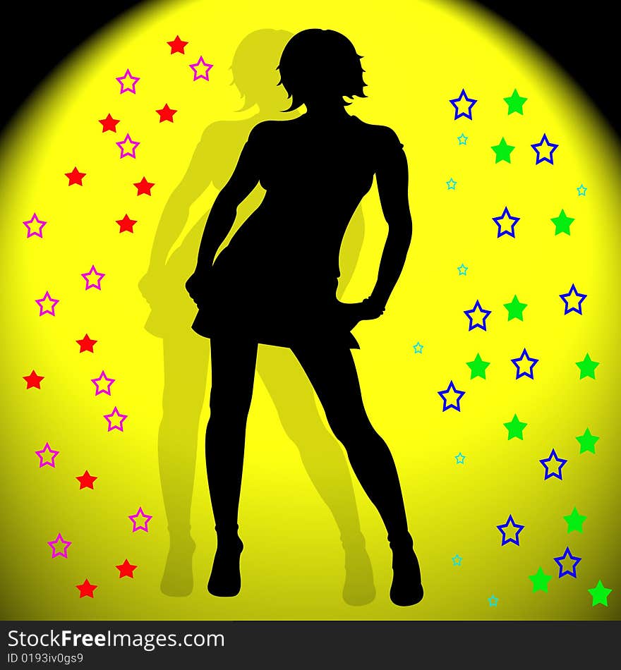 Silhouette of a  Dancing Girl  with shadow and stars