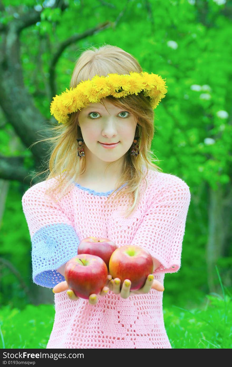 Pretty girl hold red apple in hand. Pretty girl hold red apple in hand