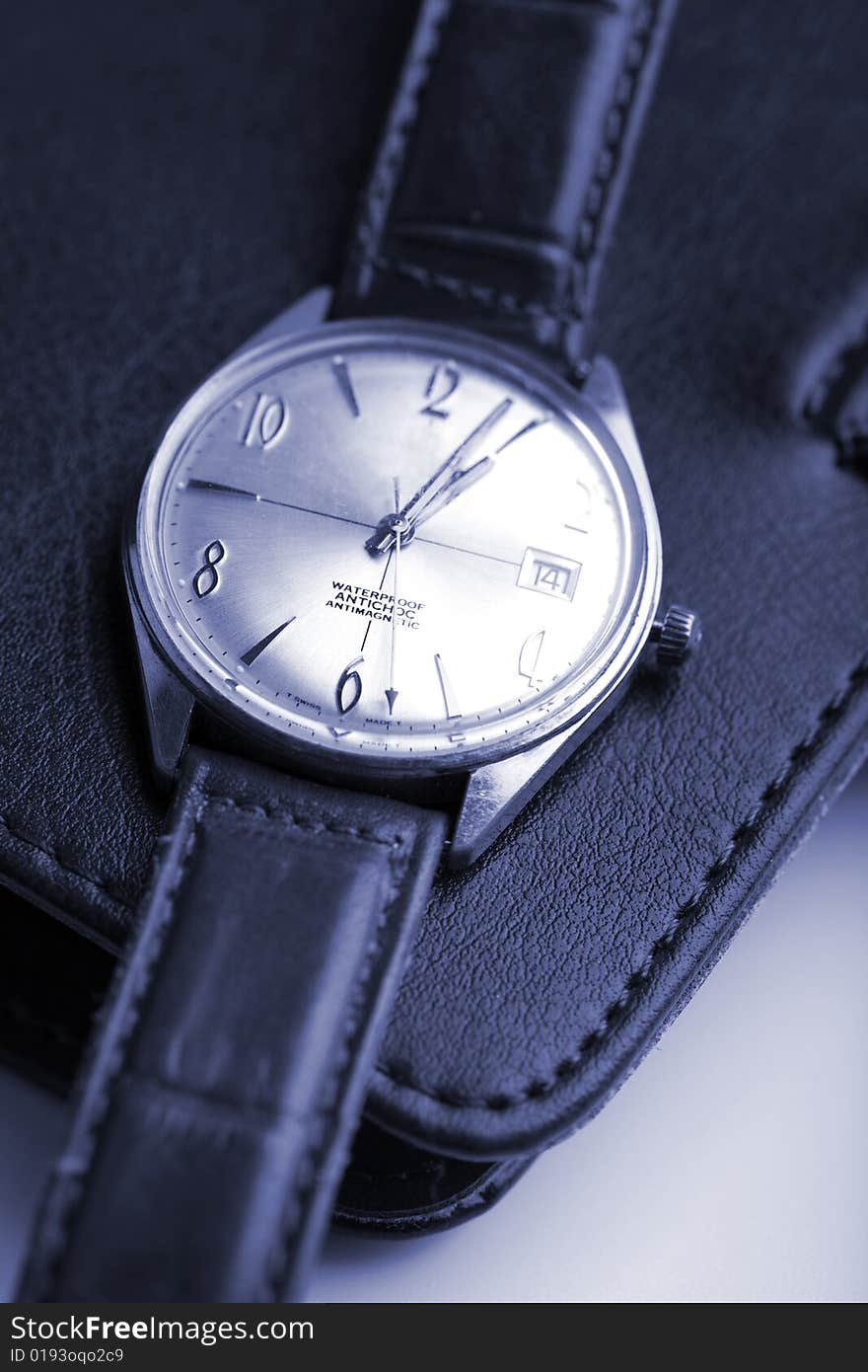 Leather organizer and watch (shallow DOF)