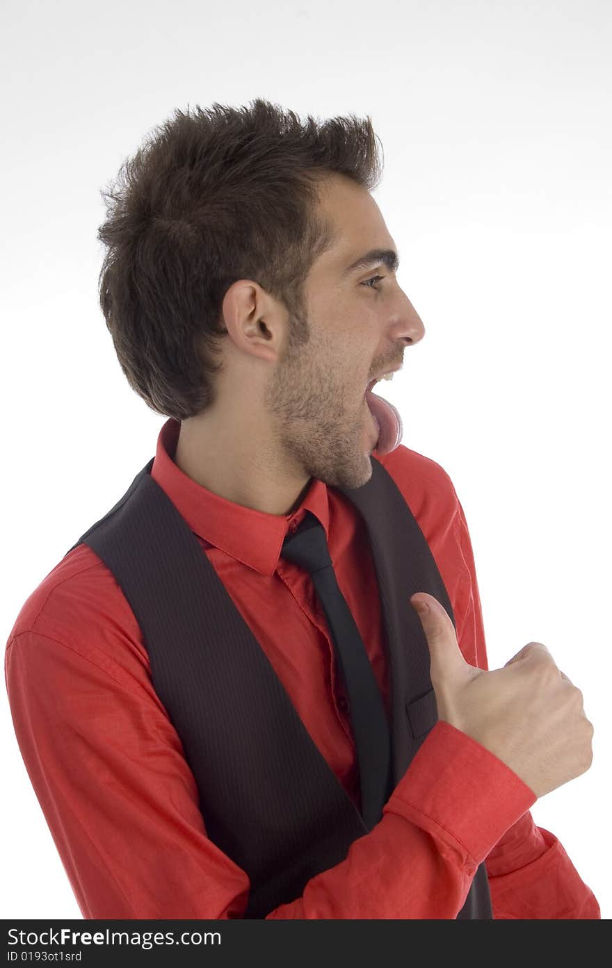 Handsome man pulling his face with white background