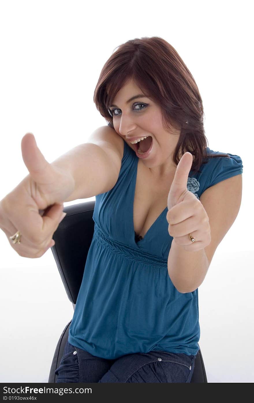 Pleased woman wishing goodluck on an isolated white background