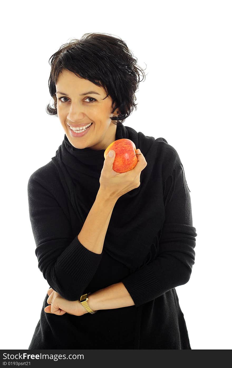 Woman with apple over white background