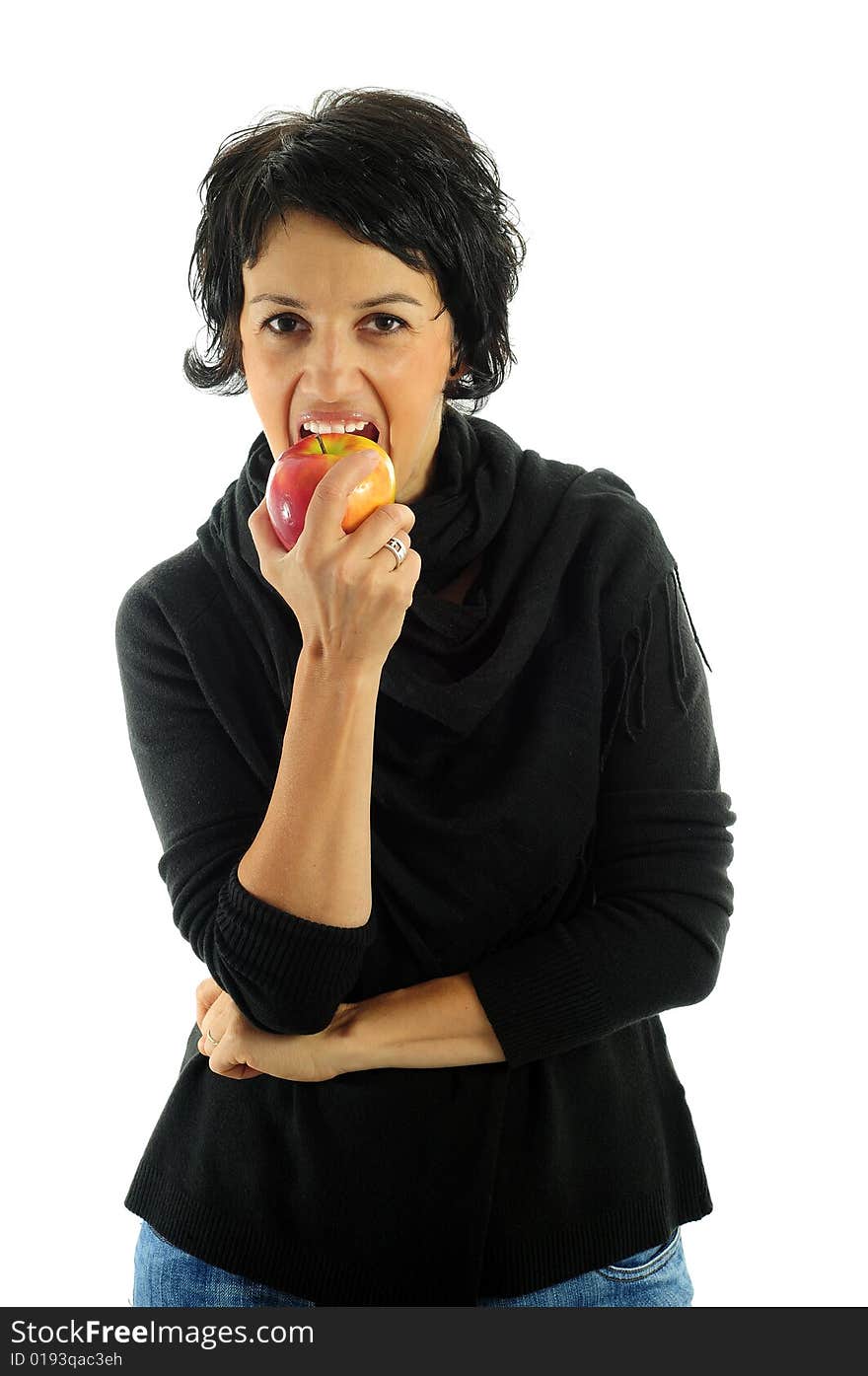 Woman with apple over white background