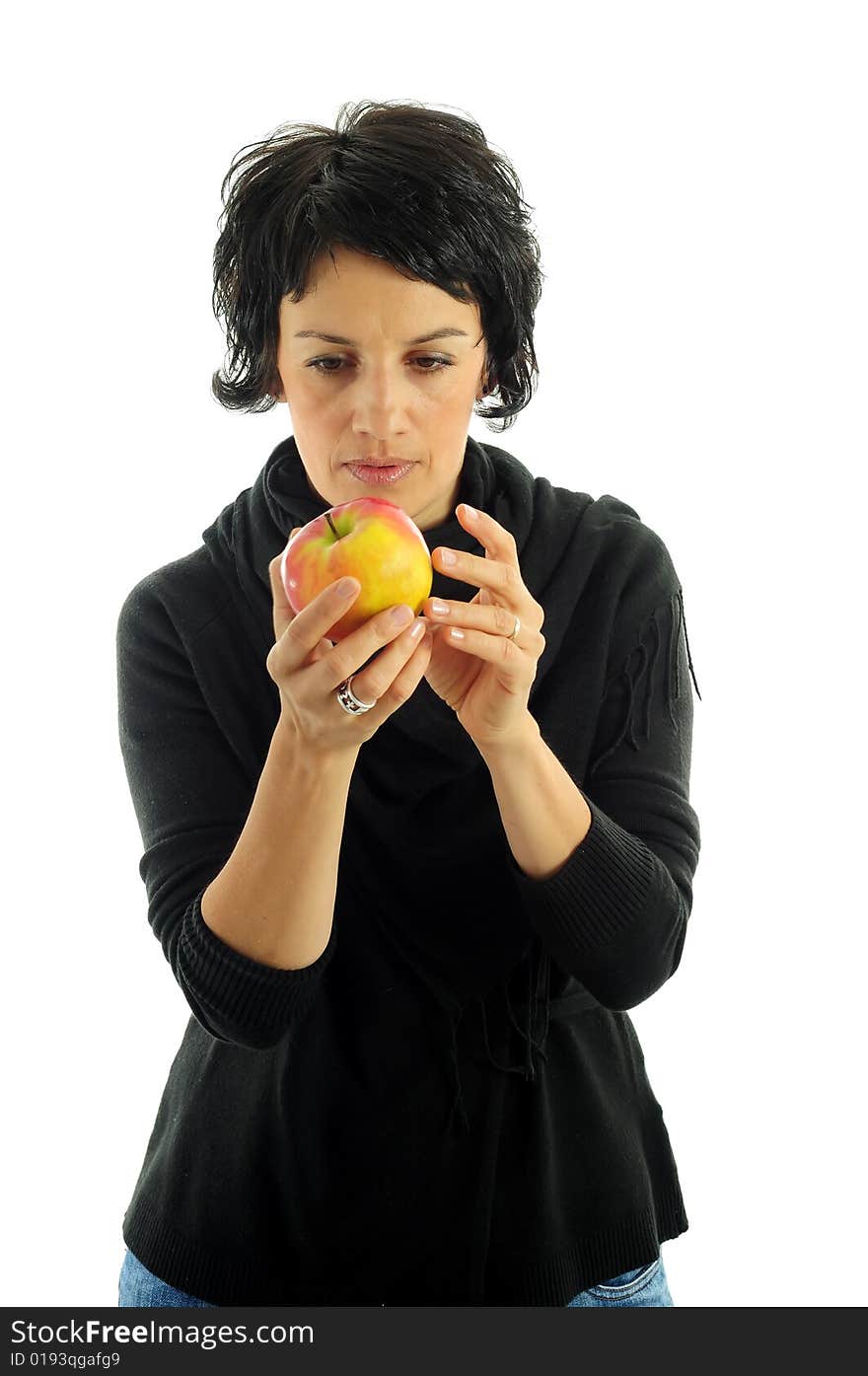 Woman with apple over white background