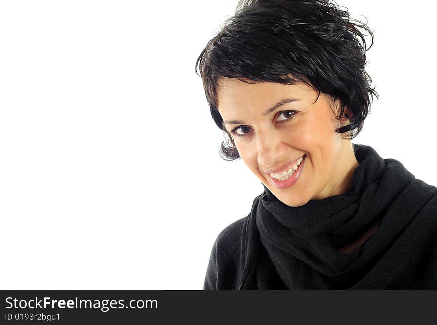 Woman smiling over white background