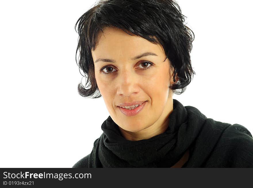 Woman smiling over white background