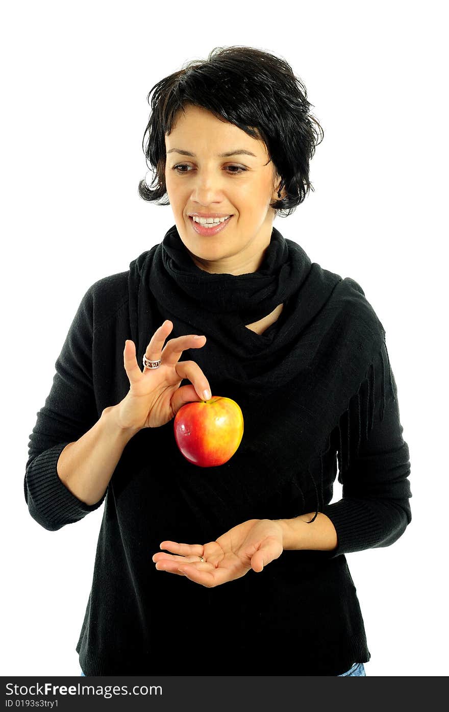 Woman with apple over white background