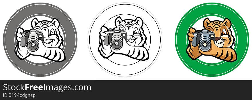 Tiger-photographer in a circle, element for design, vector illustration