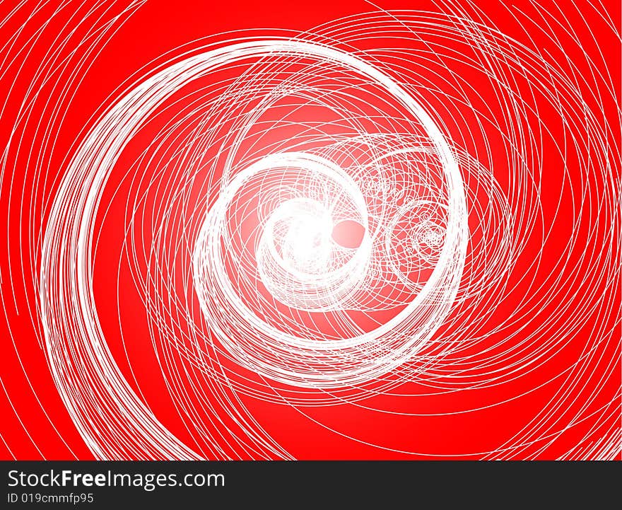 White lines depicting spiral shaped forms with red background. White lines depicting spiral shaped forms with red background